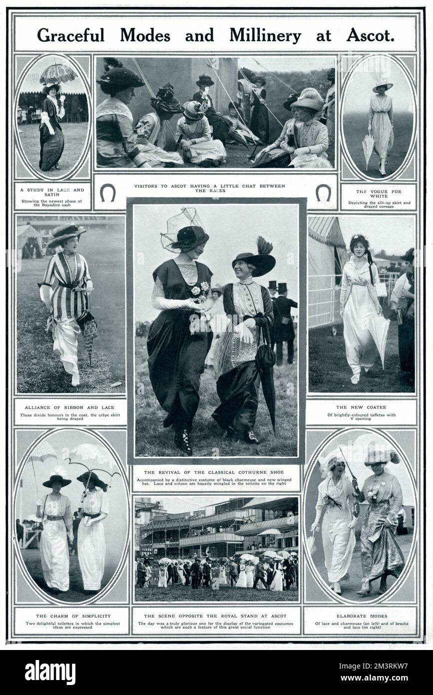Eleganti Signore che indossano abiti bianchi e neri alle corse Ascot. 1913 Foto Stock