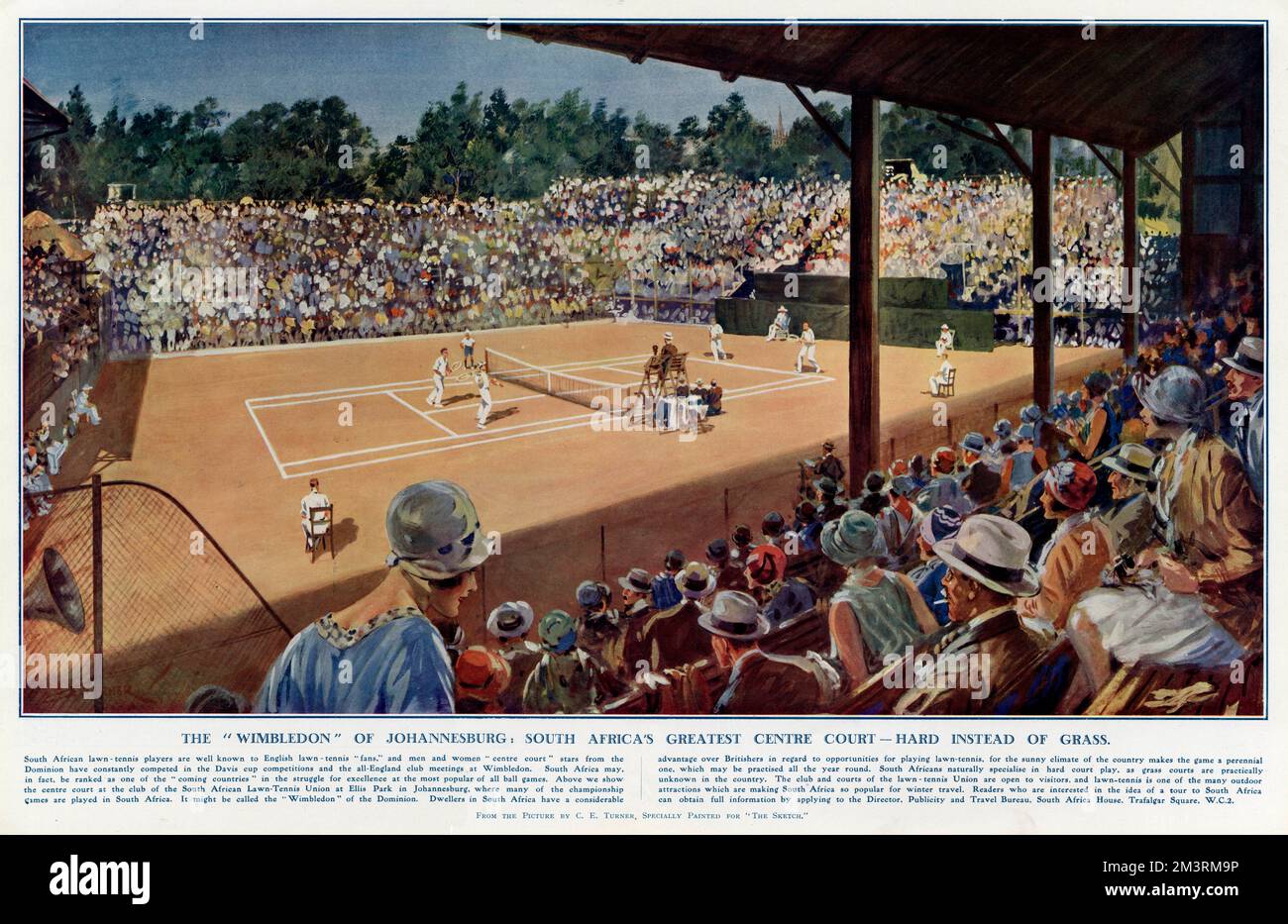 Il 'Wimbledon' di Johannesburg - una folla di spettatori che guardano una partita in un duro tribunale in Sudafrica. Data: 1929 Foto Stock