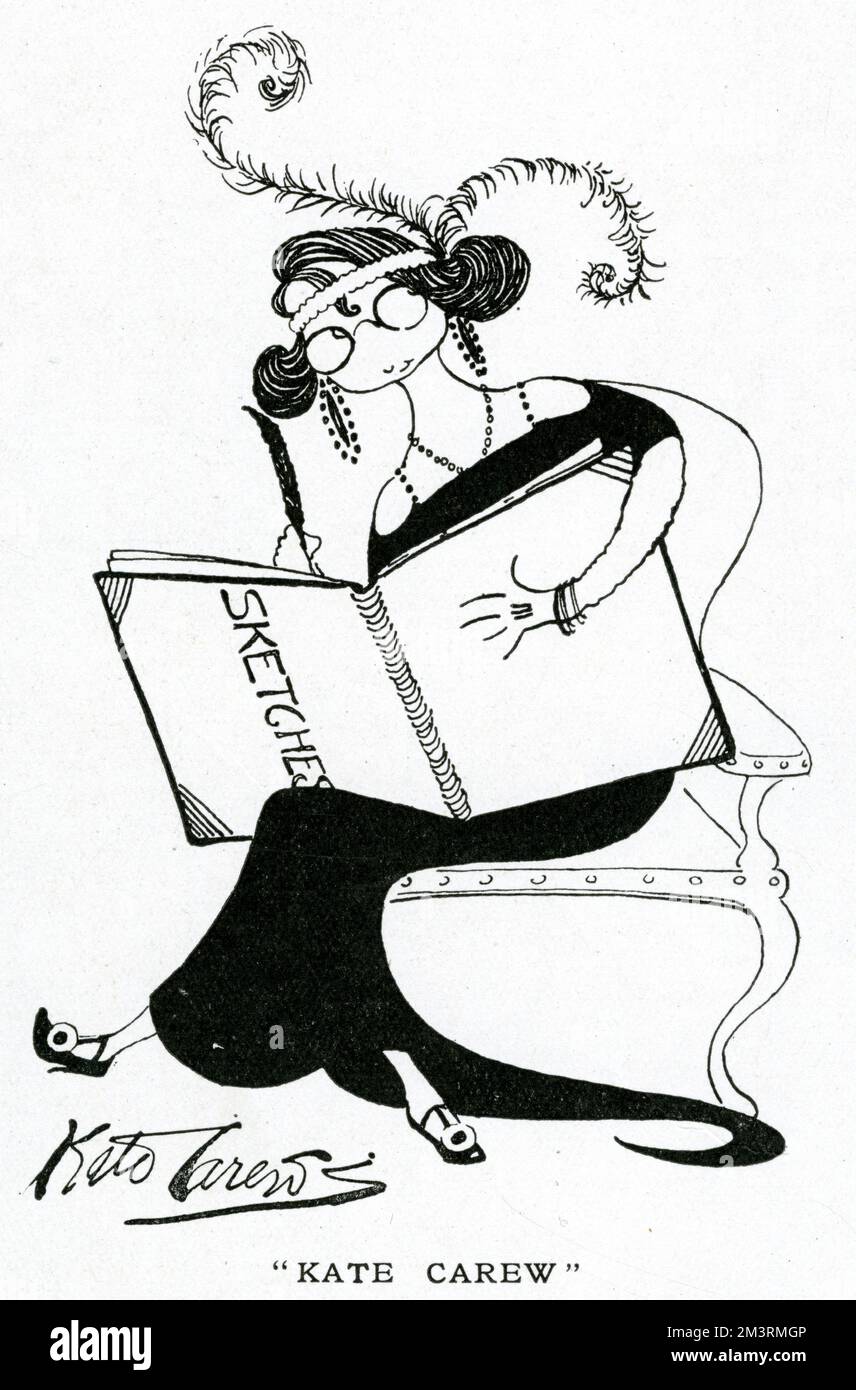 Mary Williams (1869 1961), che scrisse pseudonimamente come Kate Carew, era un caricaturista che si autodefiniva "l'unica donna caricaturista". Ha lavorato al New York World , fornendo interviste illustrate alle celebrità. È stato anche pubblicato in The Tatler nel Regno Unito. Autoritratto di se stessa in caricatura con libro di schizzo in mano. 1920 Foto Stock
