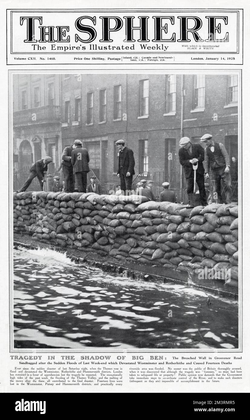 Tragedia all'ombra del Big ben: Il muro infranto di Grosvenor Road, imbustato di sabbia dopo le improvvise inondazioni devastarono Westminster e Rotherhithe e causarono quattordici morti. Gennaio 1928 Foto Stock