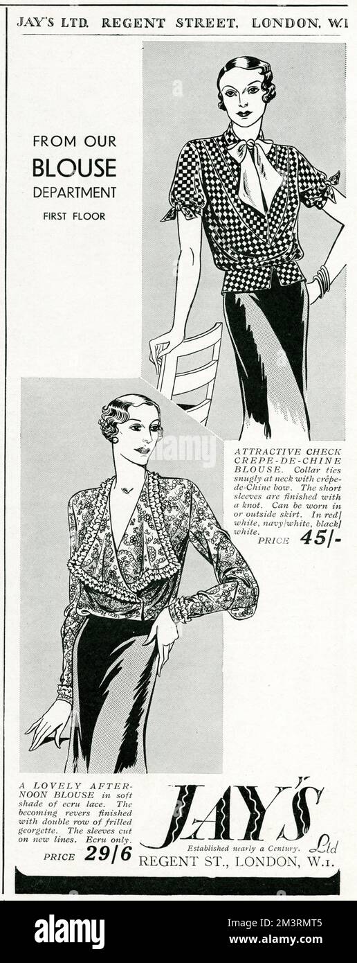 Donna che indossa bluse a maniche lunghe e corte, con collari di stile diverso. 1933 Foto Stock
