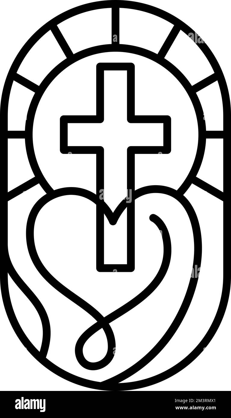 Religione linea croce e cuore in chiesa. Illustrazione dell'icona del logo vettoriale isolata. Gesù Cristo sul Calvario è il centro del cristianesimo. Il perdono di Dio e. Illustrazione Vettoriale