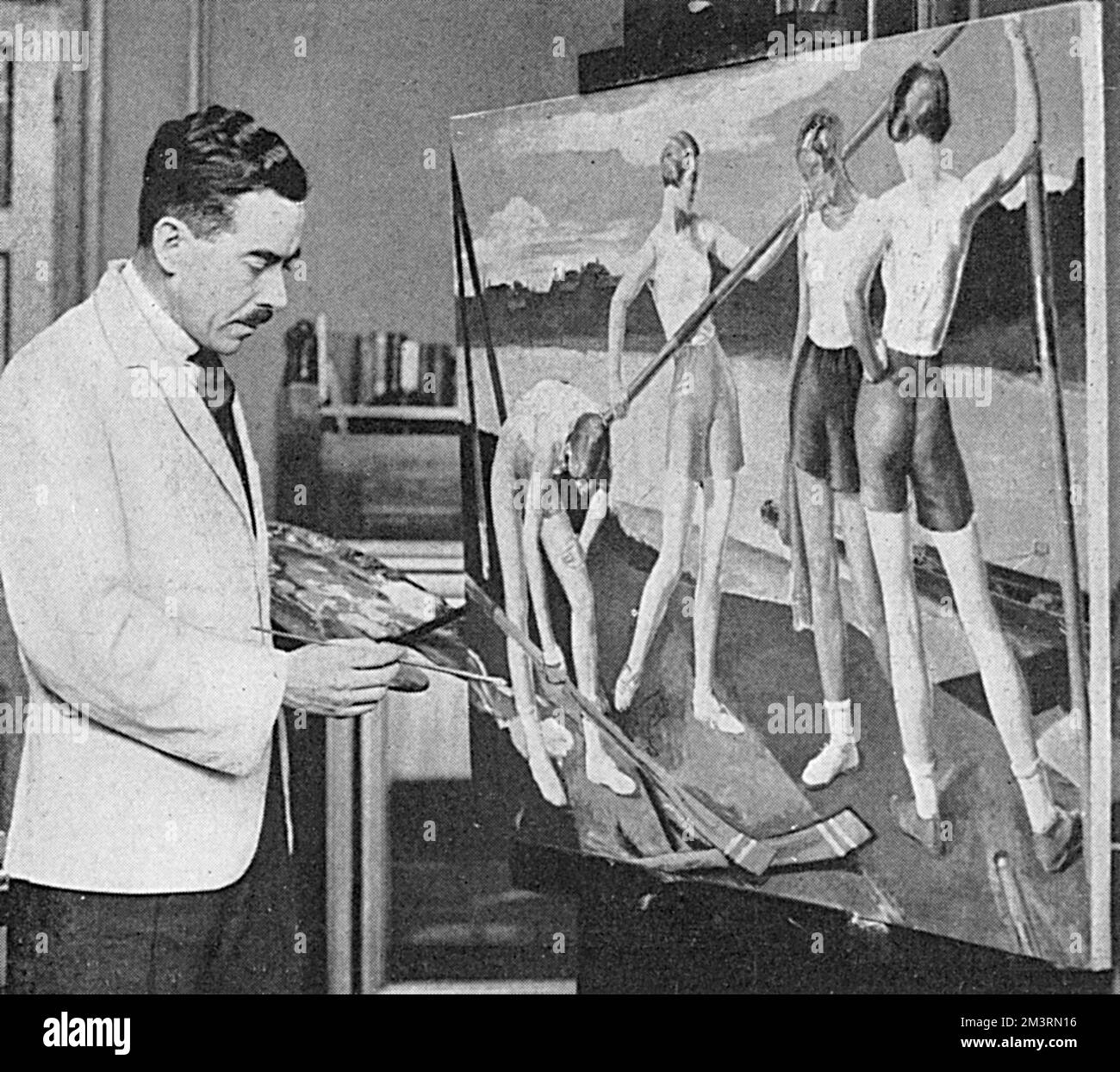 Oarswomen per Burlington House: Il capitano Lancelot Glasson (1894-1959) al lavoro sul suo dipinto 'i quattro' raffigurante donne vogatori prima di inviarlo alla mostra della Royal Academy. Data: 1933 Foto Stock