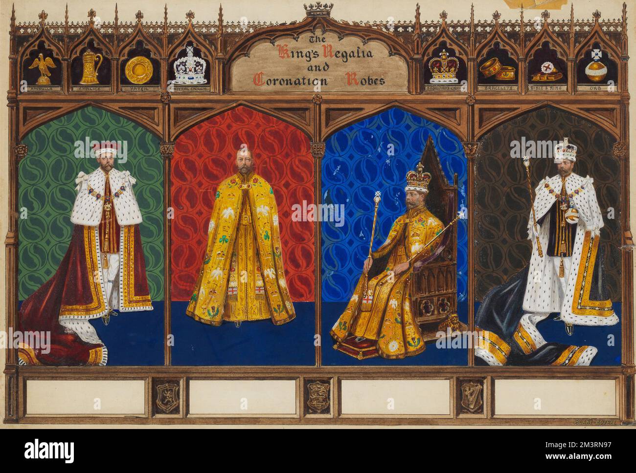 Gli abiti Regalia e Coronazione del Re - quattro pannelli medievali con re Giorgio V nelle sue vesti di incoronazione intorno al 1910 Foto Stock