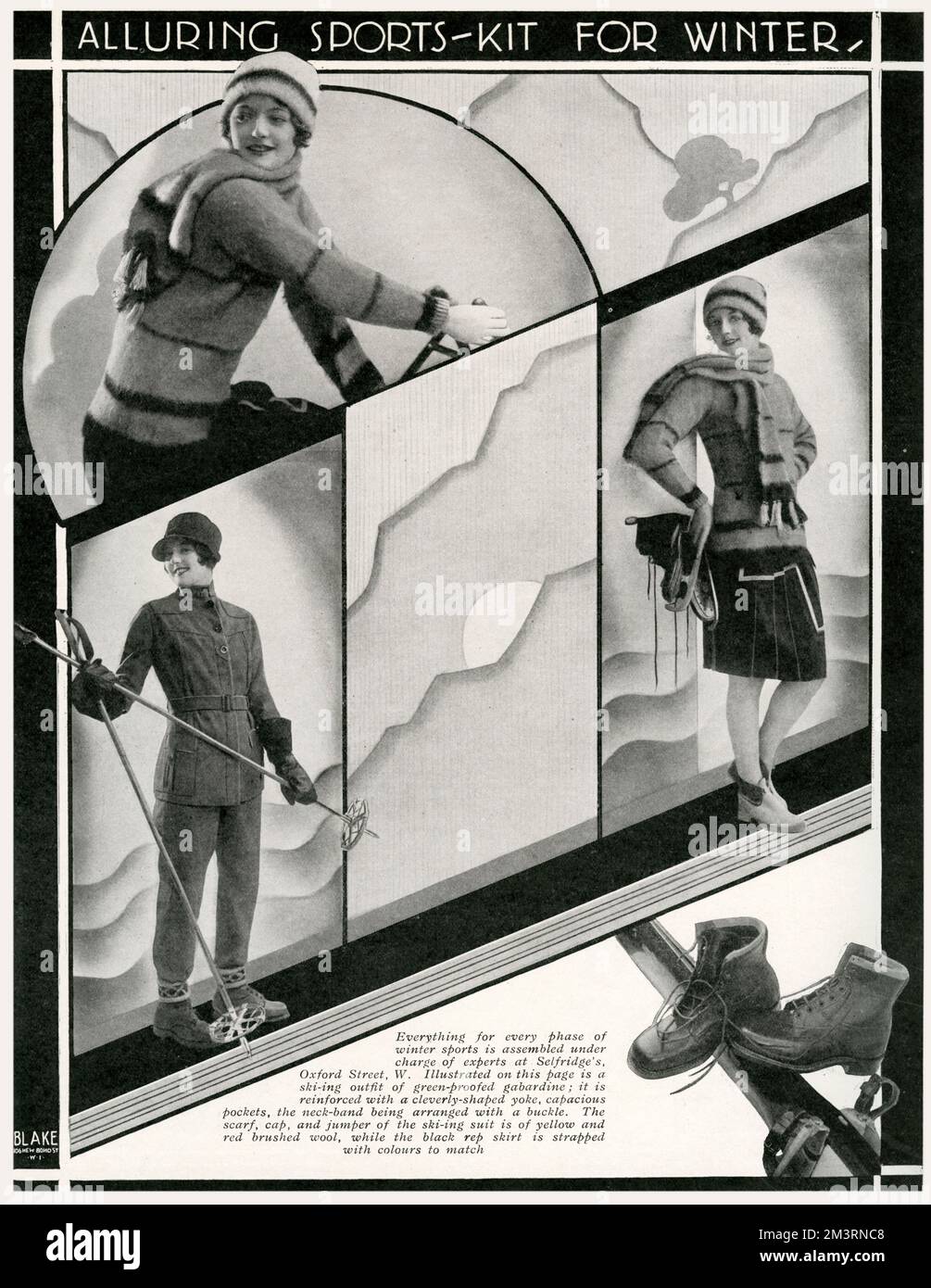 Modelli che indossano abiti sportivi invernali disponibili presso Selfridges. 1929 Foto Stock