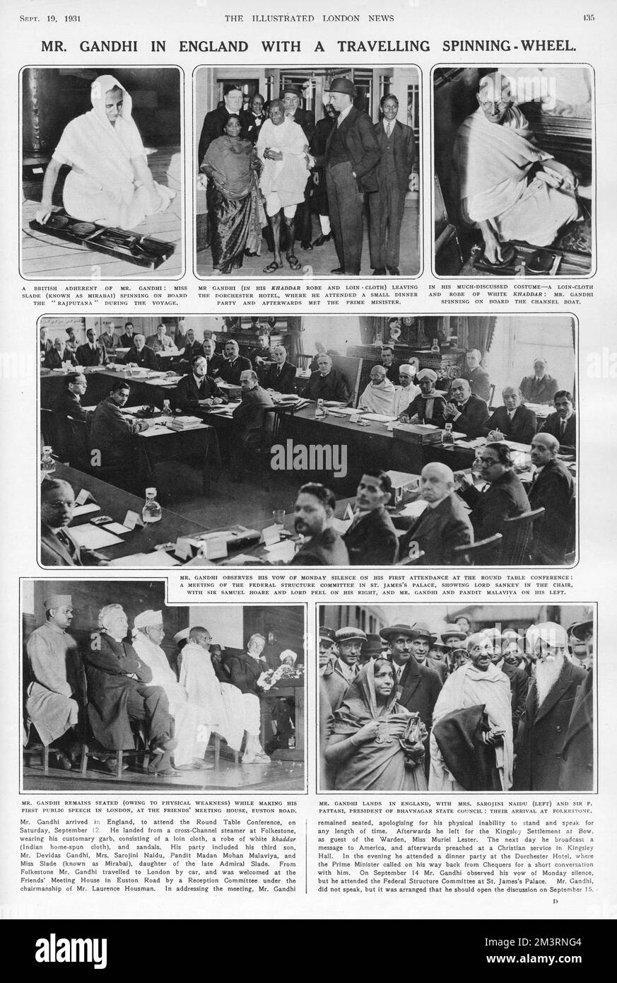 Gandhi, in Inghilterra, con una ruota rotante in movimento. Arrivò in Inghilterra per partecipare alla Round Table Conference, il 12th settembre 1931, atterrando da un vaporetto a Folkestone. Data: 1931 Foto Stock