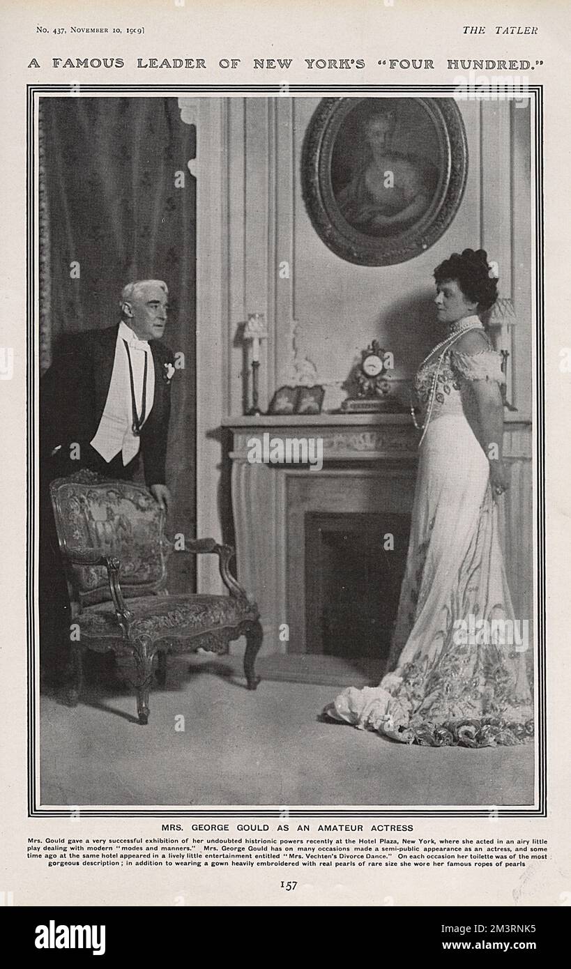 Edith Mary Kingdon (1864 - 1921), attrice americana di successo. Sposato con George Jay Gould, finanziere americano e ferrovia. Si vede qui recando all'Hotel Plaza, New York, in un'occasione di "modi e maniere" moderni. Si dice che il suo bel vestito sia stato "ricamato pesantemente con perle reali di rara taglia" e che stia indossando le sue "famose corde di perle". 1909 Foto Stock