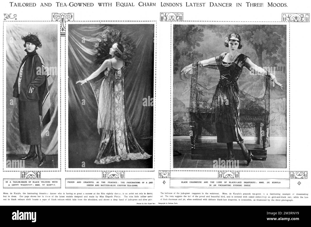 La 'affascinante ballerina americana' Mme de Kurylo, che si esibisce al Ritz nel dicembre 1920, in un'immagine diffusa nella rivista Sketch indossando abiti del designer britannico Elspeth Phelps. A sinistra è realizzato un velour nero su misura con gilet verde, al centro un abito da tè in chiffon verde giada e blu nattier e a destra un incantevole abito da sera in pizzo e charme nero. Data: 1920 Foto Stock