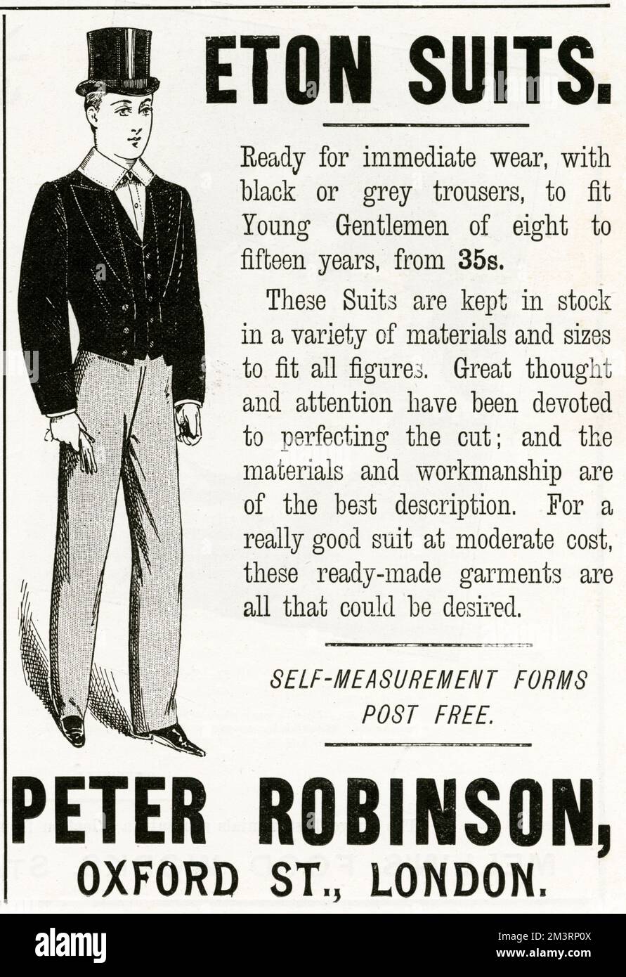Indumenti pronti, pantaloni neri o grigi a scelta, tute in vari materiali e misure, per ragazzi di età compresa tra otto e quindici anni. 1894 Foto Stock