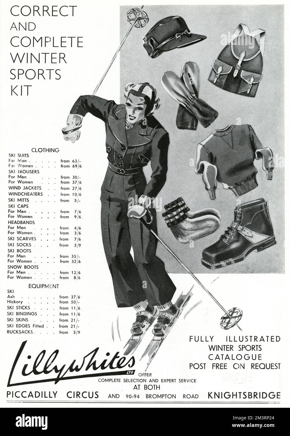 Abbigliamento da sci e attrezzature per uomini e donne disponibili presso 'Lillywhites'. 1937 Foto Stock