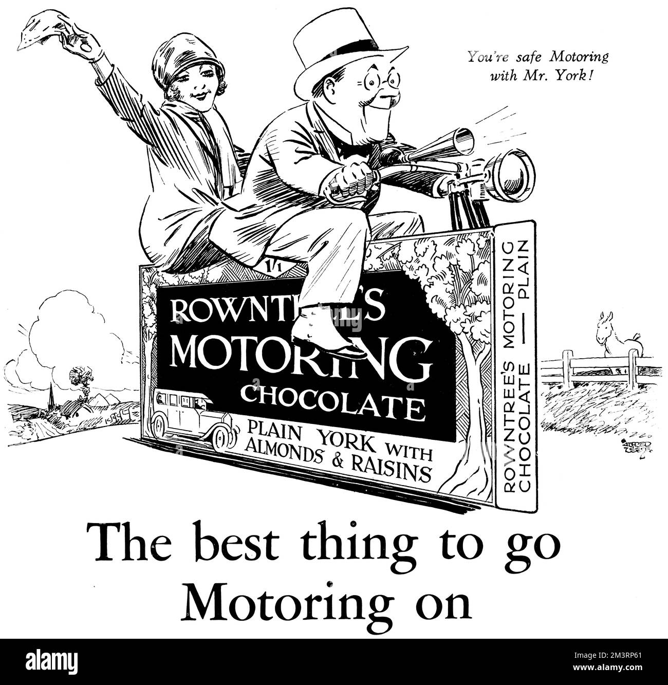 Pubblicità disegnata da Alfred Leete per il cioccolato Motoring di Rowntree, pianura, con uva passa e mandorle - 'la cosa migliore per andare in moto su.' Data: 1927 Foto Stock