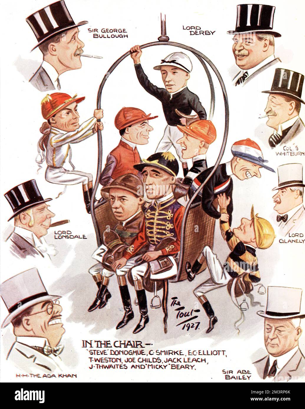 Pesando fuori per le puntate del cartone animato ad Ascot - ed alcune delle "teste" i cui colori hanno stabilito una reputazione per "mostrare" all'incontro reale. Sono inclusi Sir George Bullough, Lord Lonsdale, l'Aga Khan, Sir Abe Bailey, Lord Glanely, Col Sofer Whitburn e Lord Derby. I jockeys nella sedia sono Steve Donoghue, C. Smirke, E. C. Elliott, T. Weston, Joe Childs, Jack Leach, J. Thwaites e Micky Beary. Data: 1927 Foto Stock