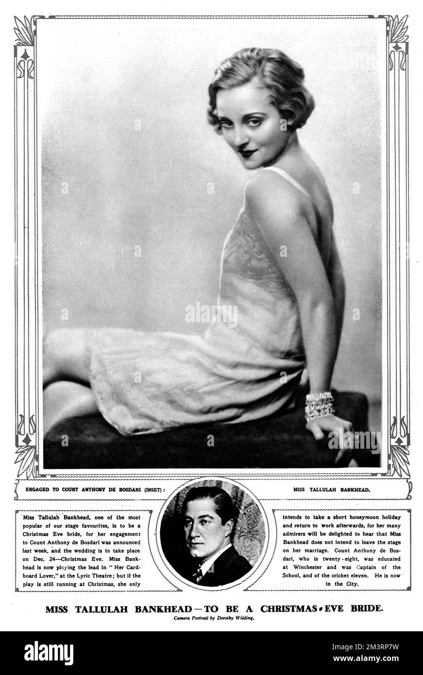Fotografia in bianco e nero della popolare attrice americana Tallulah Bankhead che stava celebrando il suo impegno con il Conte Anthony de Bossari. Data: 28th novembre 1928 Foto Stock