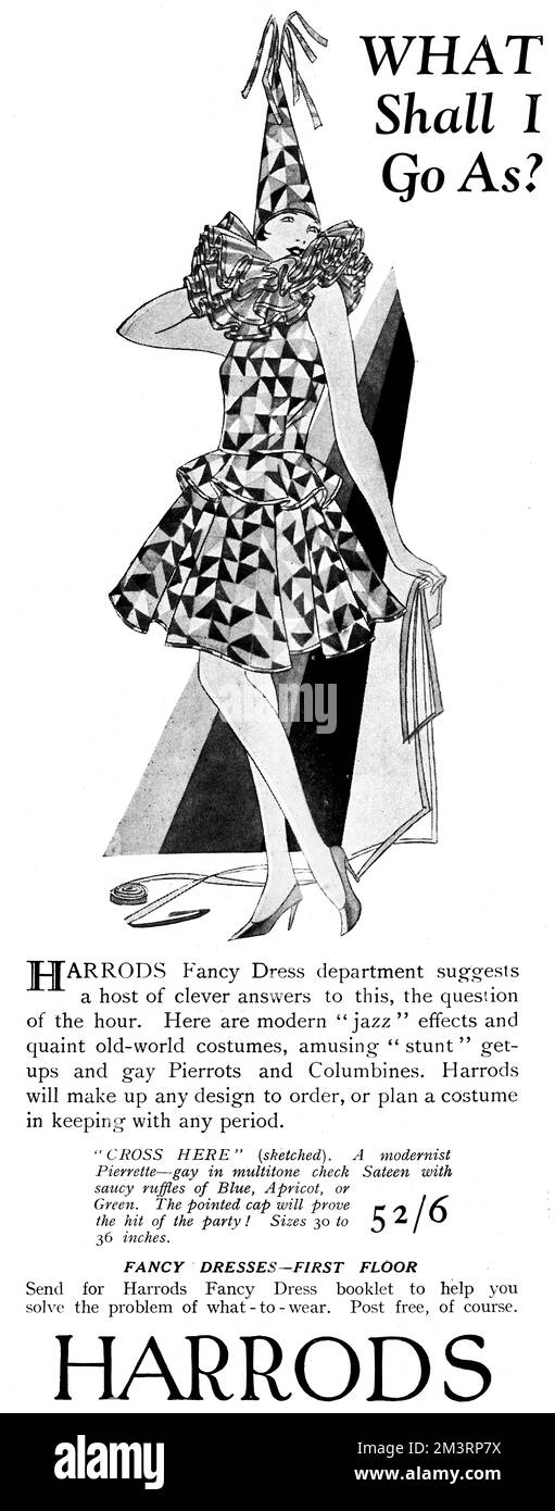 Pubblicità a mezza pagina in bianco e nero per il reparto Abito da fantasia di Harrod nello schizzo, 28th novembre 1928. Data: 28th novembre 1928 Foto Stock