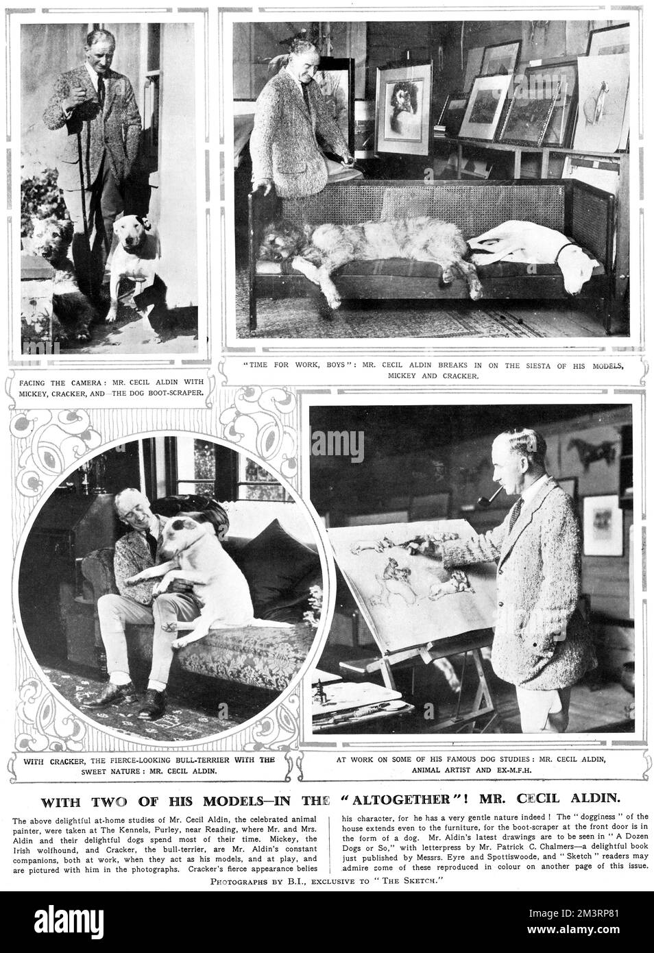 Fotografie in bianco e nero dell'artista Cecil Aldin a casa a Purley con i suoi cani Mickey il lufro irlandese e Cracker, il toro-terrier. Data: 19th dicembre 1928 Foto Stock