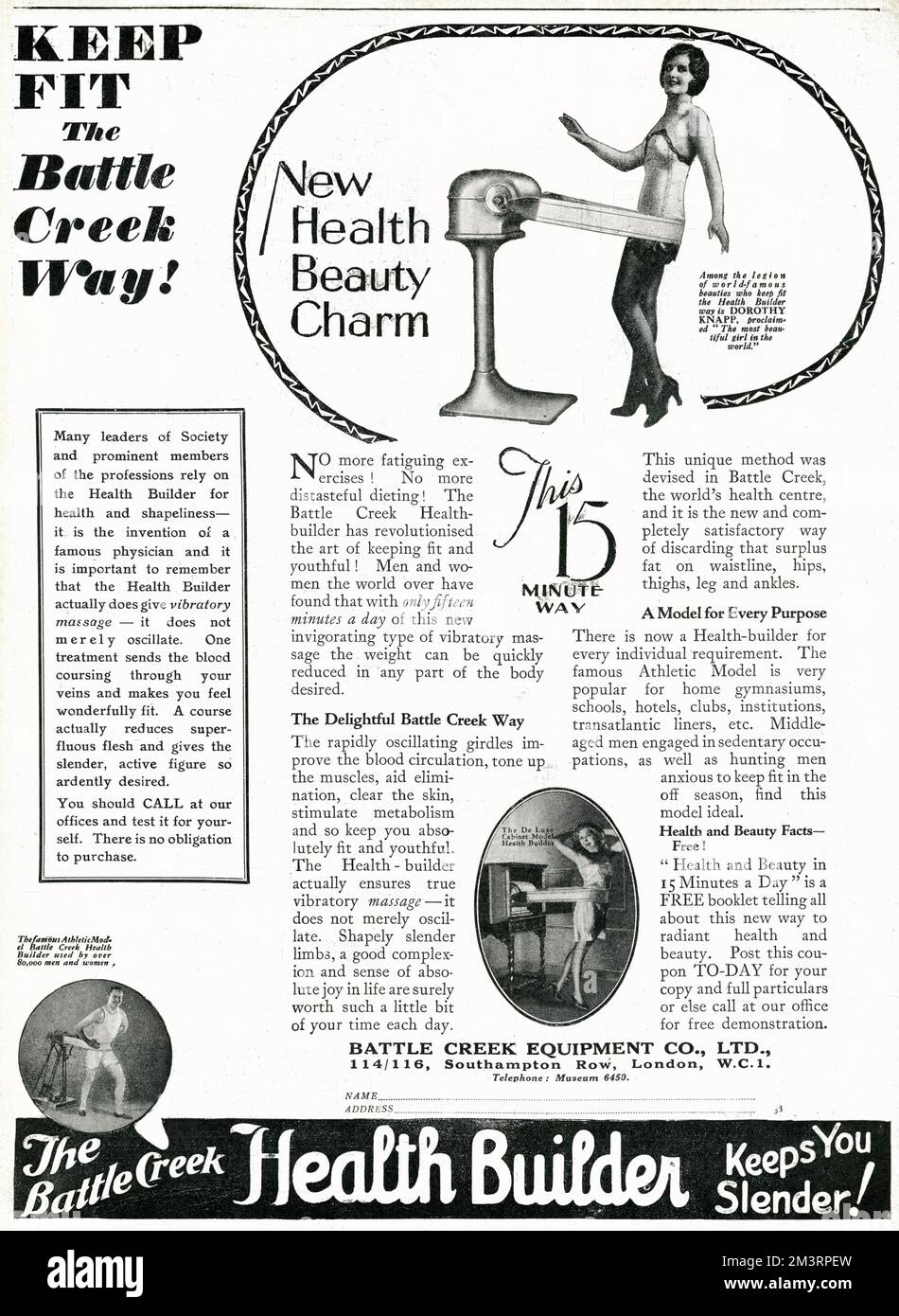 Macchina ginnica massaggiante meccanica che con cinghia vibrante, utilizzata da 80.000 uomini e donne negli anni '1920s. Foto Stock