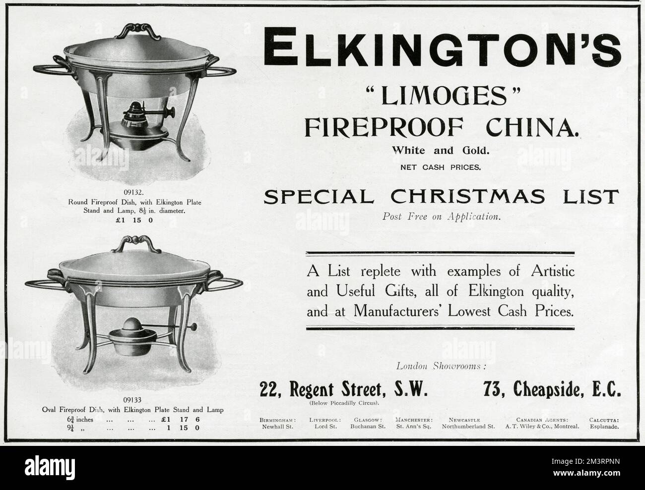 Pubblicità per il piatto ignifugo 1909 di Elkington Foto Stock