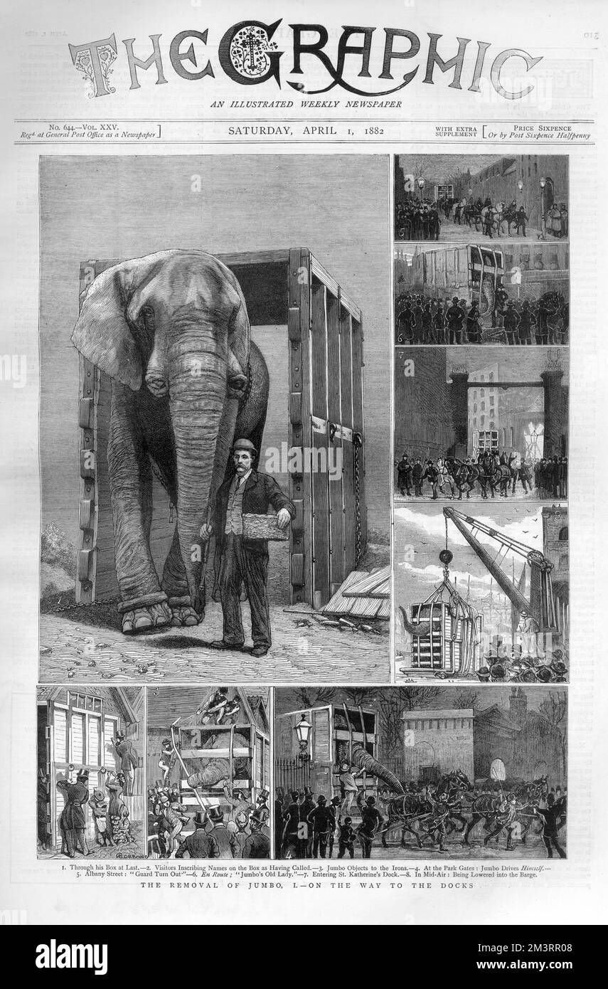 Jumbo l'elefante africano fu acquistato dallo showman americano P.T Barnum dalla Zoological Society di Londra nel 1882. La partenza di Jumbo è stata coperta con grande interesse dalla stampa britannica, con la Graphic che dedica la loro prima pagina al suo viaggio verso il molo di St Katherine. 1882 Foto Stock