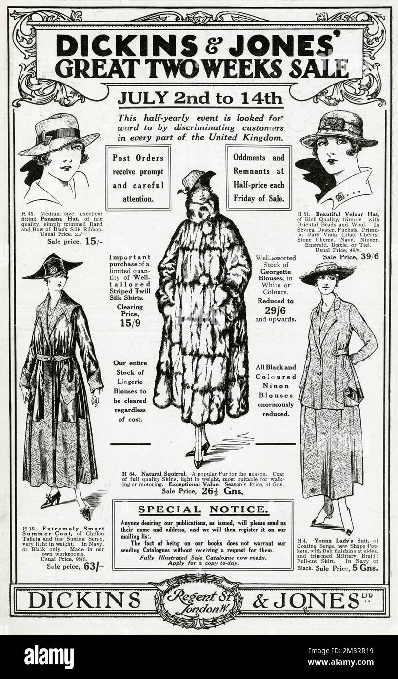 Grande offerta di due settimane sull'abbigliamento da esterno femminile. 1917 Foto Stock