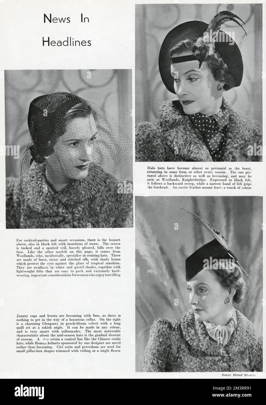 Tre modelli che indossano i più recenti modelli in cappelli. Data: 1937 Foto Stock