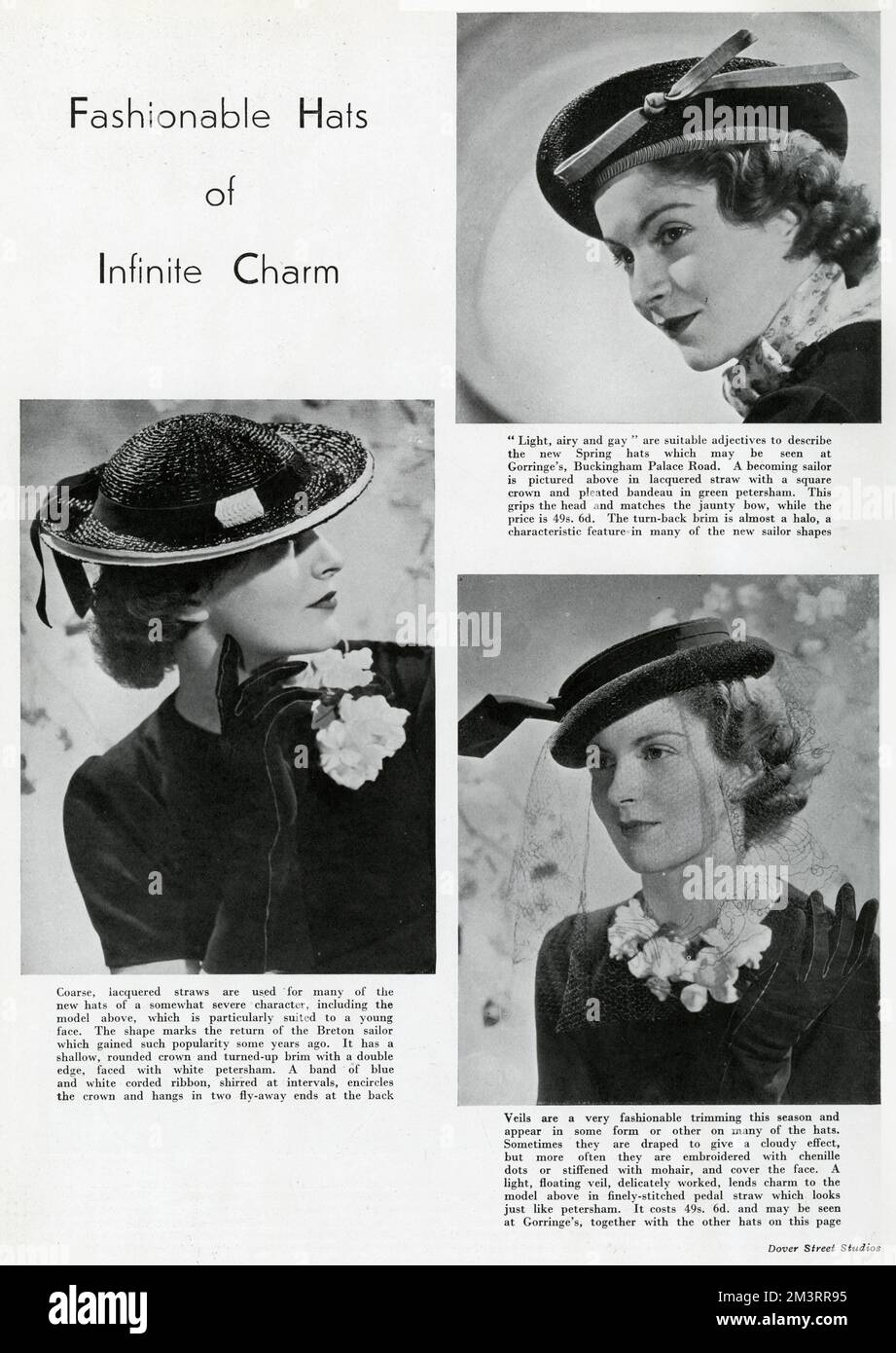 Tre modelli che indossano i più recenti modelli a molla in cappelli. Data: 1937 Foto Stock