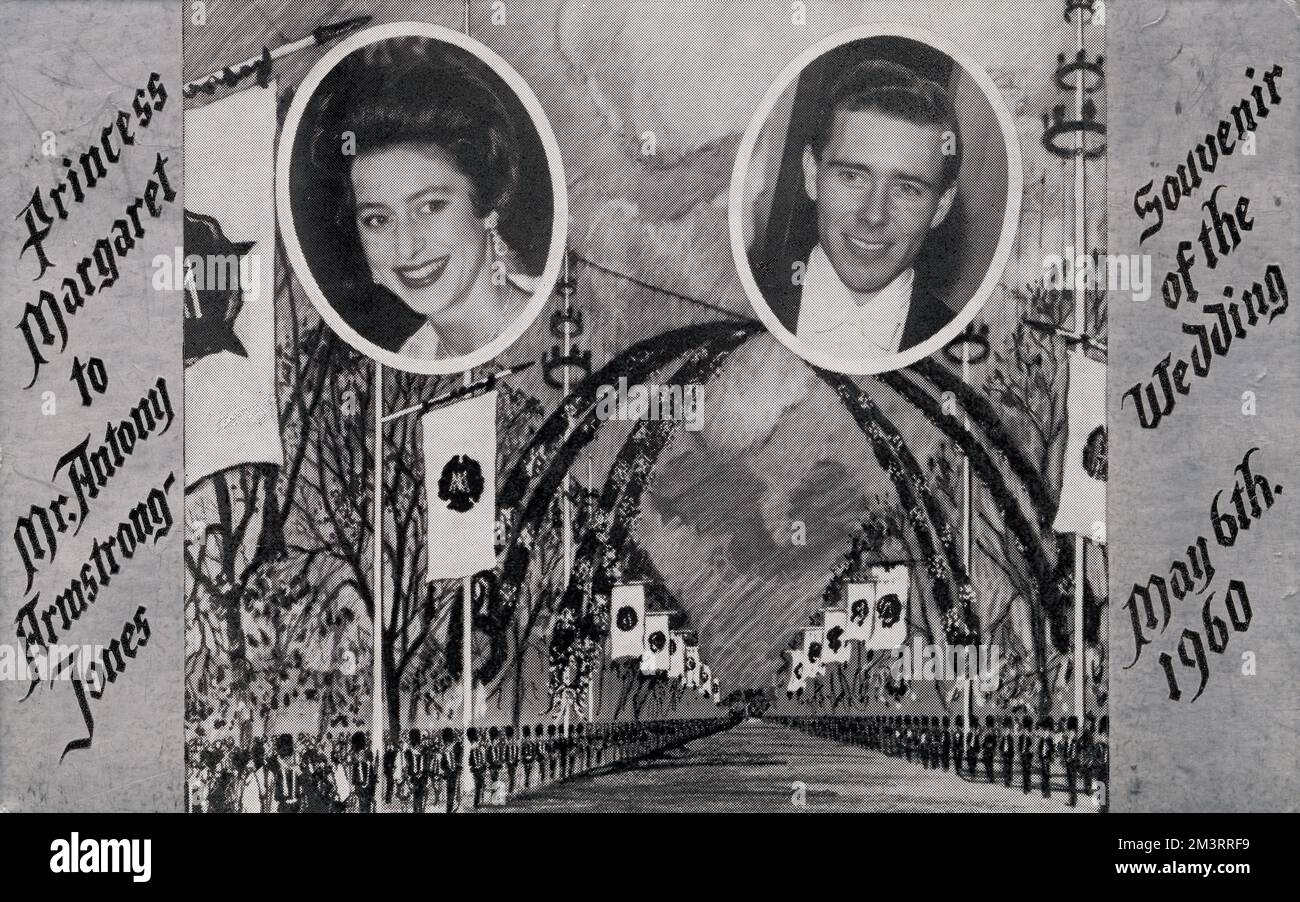 Cartolina promozionale per il Pigalle, Piccadilly, Londra - souvenir del matrimonio della principessa Margaret (1930-2002) a Anthony Armstrong-Jones (1930-2017) il 6th maggio 1960. Data: 1960 Foto Stock