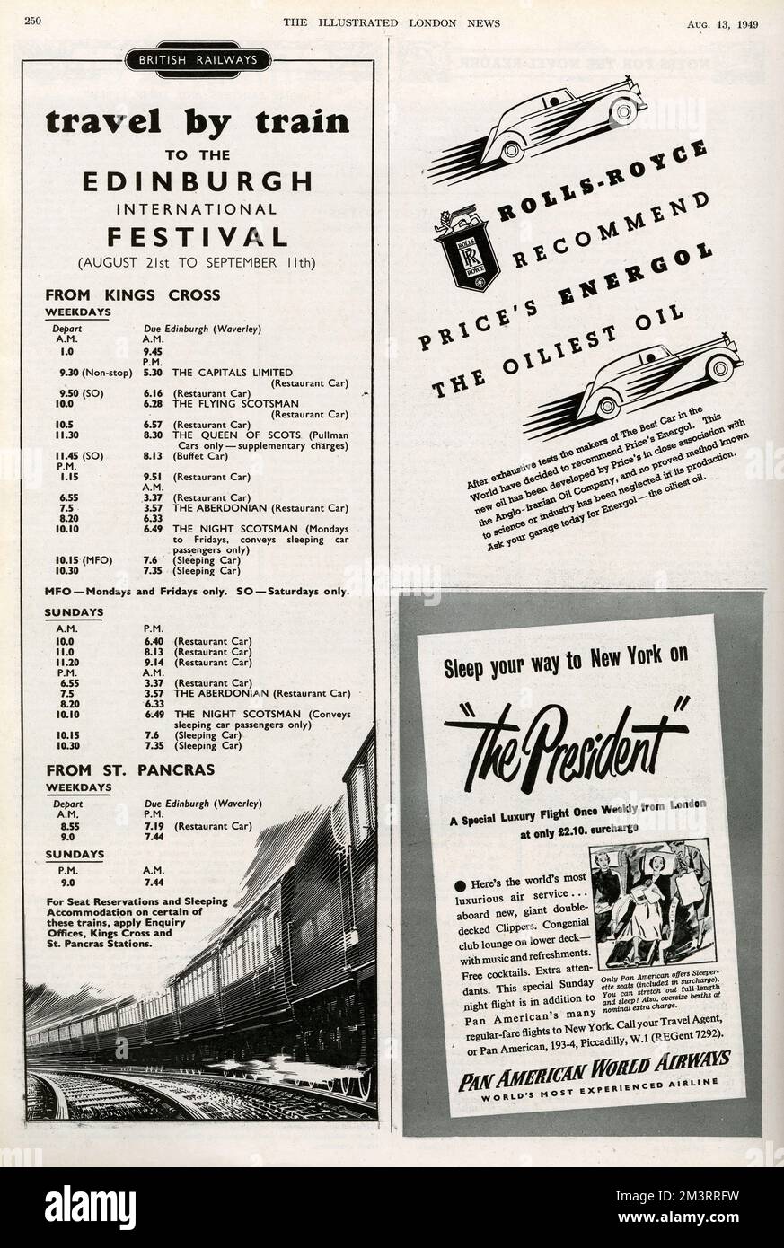 Pagina di annunci nel Notiziario illustrato di Londra, 1949, che include per British Rail - viaggio in treno per l'Edinburgh International Festival - per Rolls-Royce e Price's Energol, e per Pan American World Airlines e il volo di lusso President per New York. Data: 1949 Foto Stock