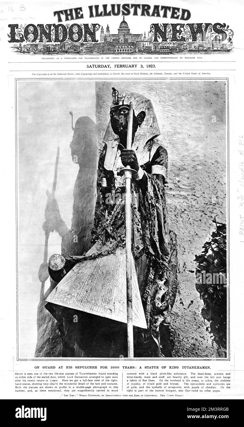 Copertina del Notiziario illustrato di Londra con una statua di Tutankhamon in guardia al suo sepolcro per 3000 anni. Era una delle statue a grandezza naturale che si ergono su entrambi i lati di una porta sigillata che fu lasciata chiusa fino a quando il Signore Carnarvon arrivò ad aprirla. 1923 Foto Stock