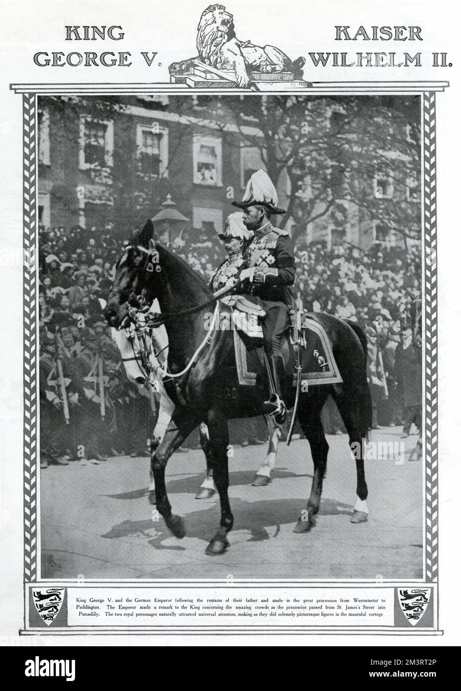 Processione funebre di Re Edoardo VII a Londra, Re Giorgio V e Imperatore tedesco Guglielmo II dopo la carrozza di padre e zio nella grande processione da Westminster a Paddington. Data: 20th maggio 1910 Foto Stock