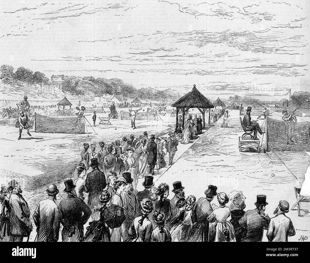 Tennis su prato a Wimbledon - incontro per il campionato inaugurale che si terrà nel luglio 1877. 1877 Foto Stock