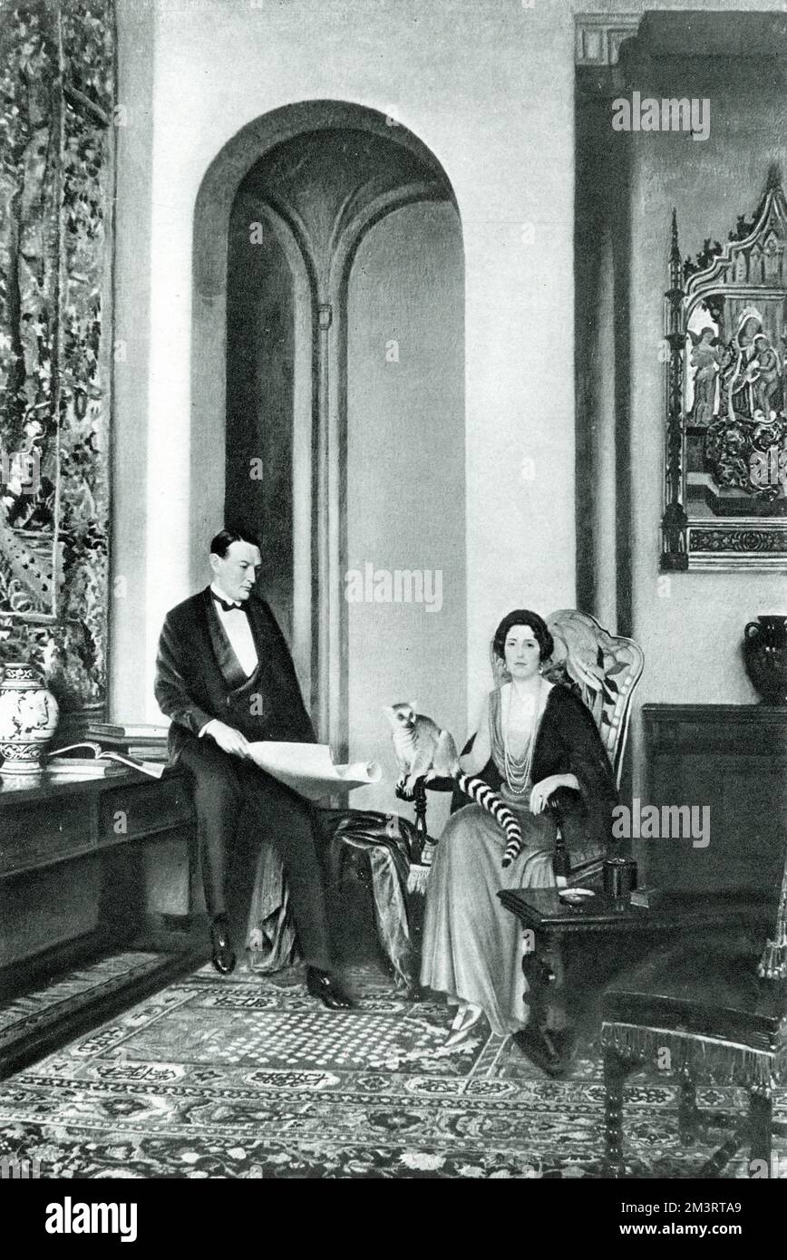 Riproduzione di un dipinto di L Campbell Taylor R.A. di Sir Stephen Lewis Courtauld e sua moglie Virginia e del loro lemur ad anello, Mahjong che posa nella Music Room della loro casa londinese - il dipinto è stato esposto alla Royal Academy. Data: 1934 Foto Stock
