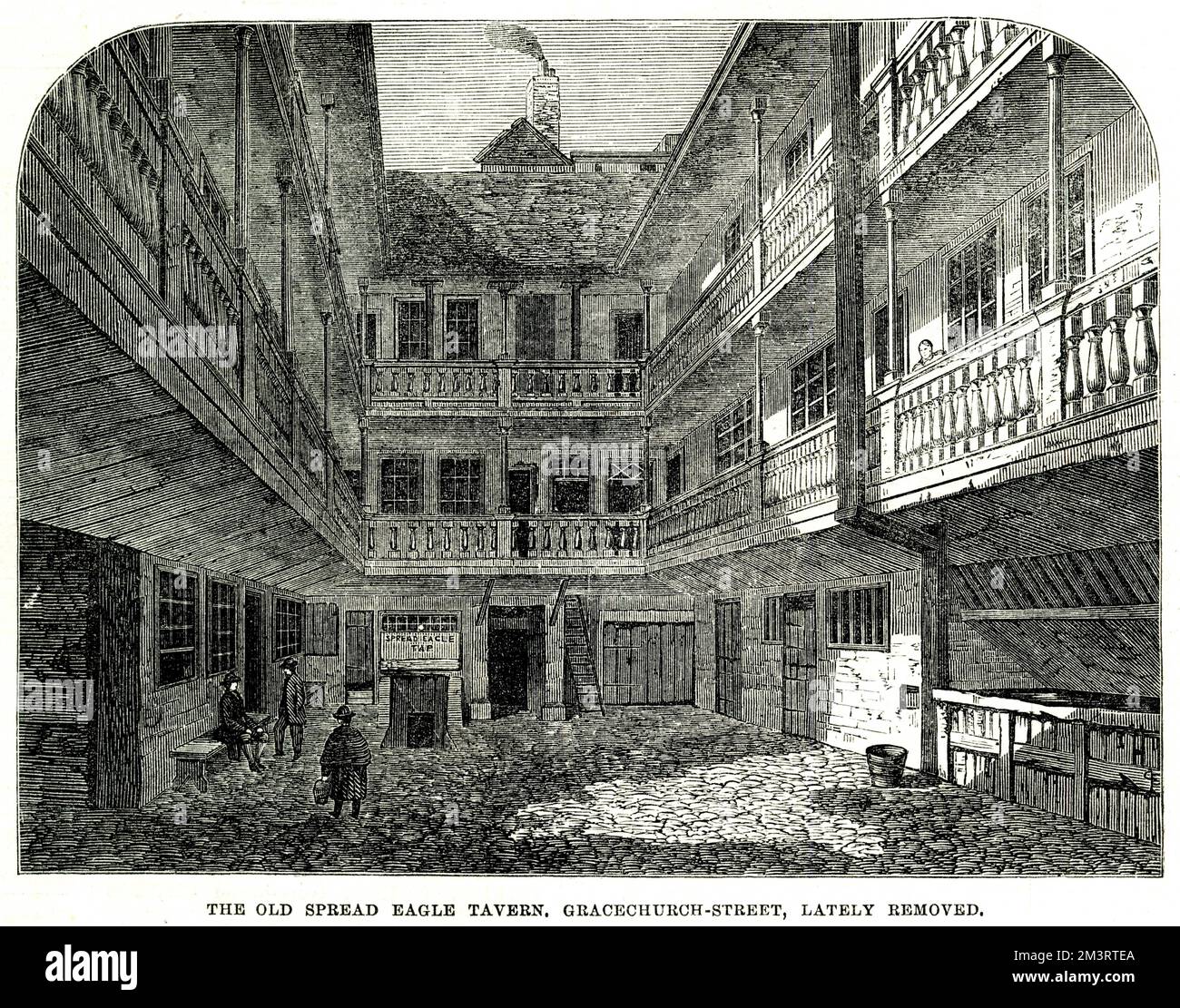 Old spread Eagle Tavern, Gracechurch Street, Londra, in procinto di essere demolita nel 1865. Data: 1865 Foto Stock