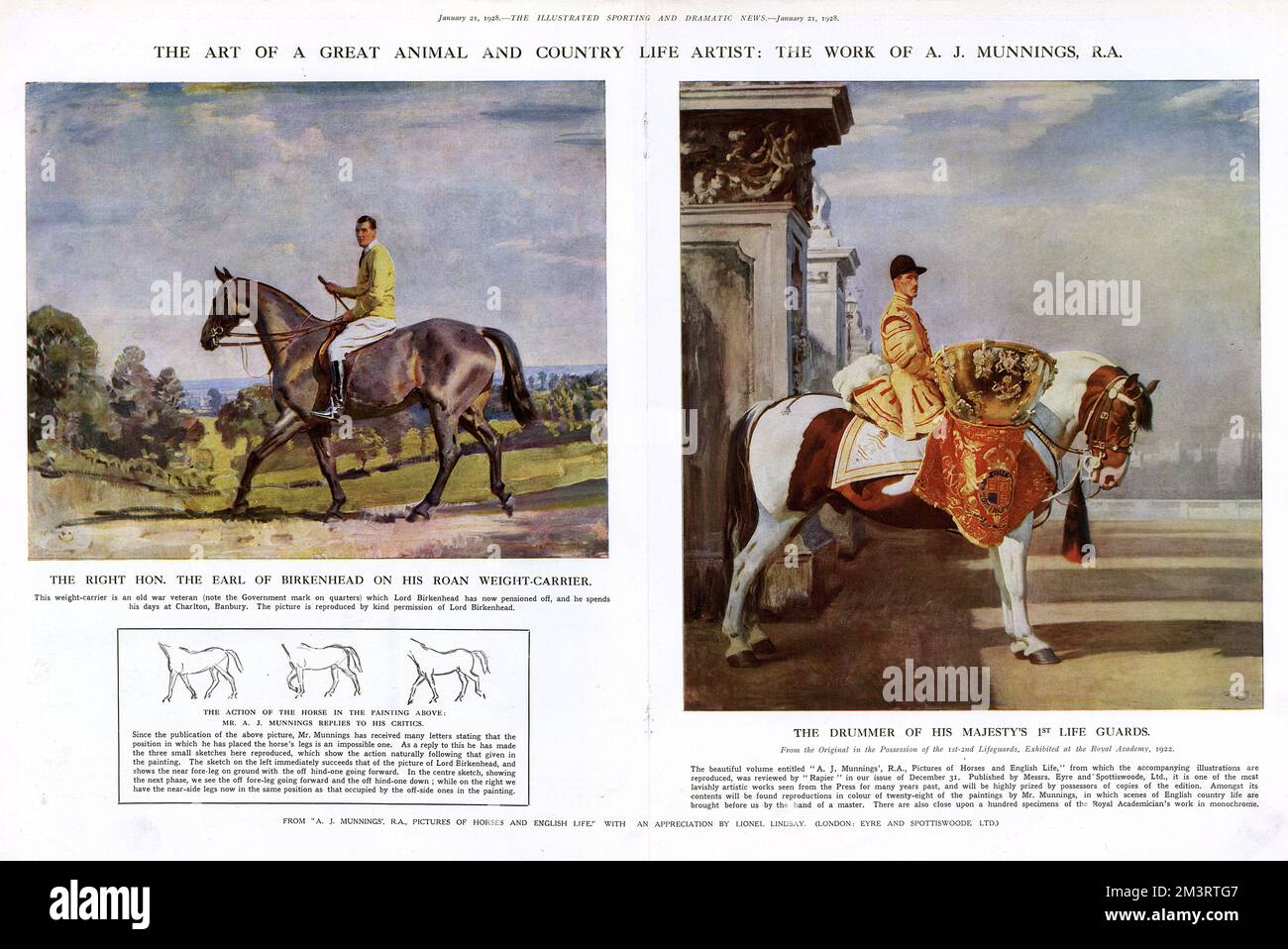 L'arte di un grande artista di vita animale e di paese: L'opera di Sir Alfred James Mundings R.A. (1878-1959). A sinistra, l'on. Destro il conte di Birkenhead sulla sua Roan Weight-Carrier (un vecchio veterano di guerra che Lord Birkenhead ha ora pensionato, E ora trascorre il suo tempo a Charlton, Banbury). Sulla destra è il batterista delle 1st guardie di vita di sua Maestà, esposte alla Royal Academy nel 1922. Gli schizzi inset sulla pagina bassa a sinistra mostrano il rimprovero di Munnings ad alcune lettere ricevute sostenendo che le gambe del cavallo sono state poste in una posizione 'impossibile'. Data: 1928 Foto Stock