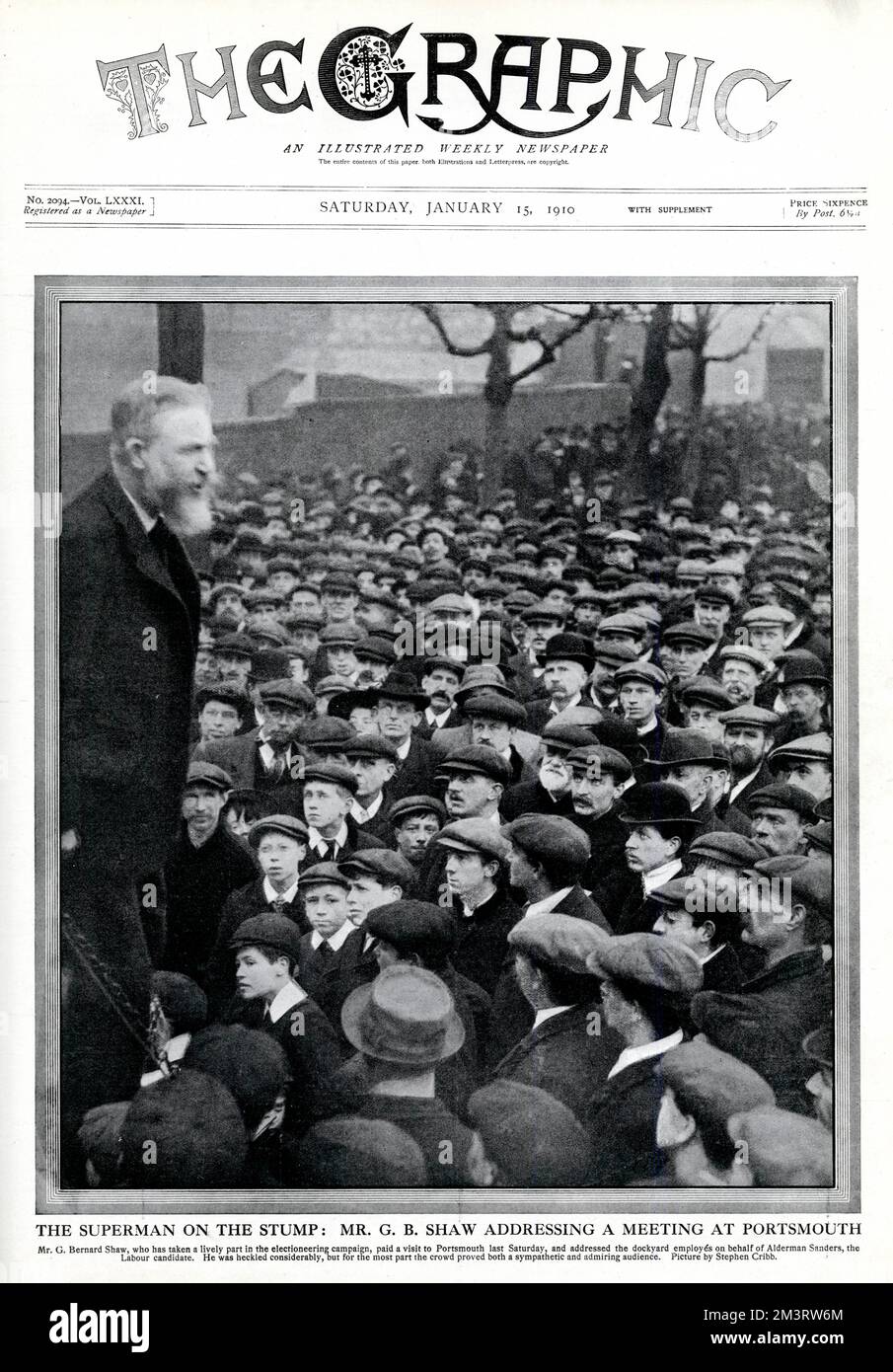 Copertina di "The Graphic", che mostra George Bernard Shaw che partecipa a una vivace campagna elettorale, a Portsmouth. Data: 1910 Foto Stock