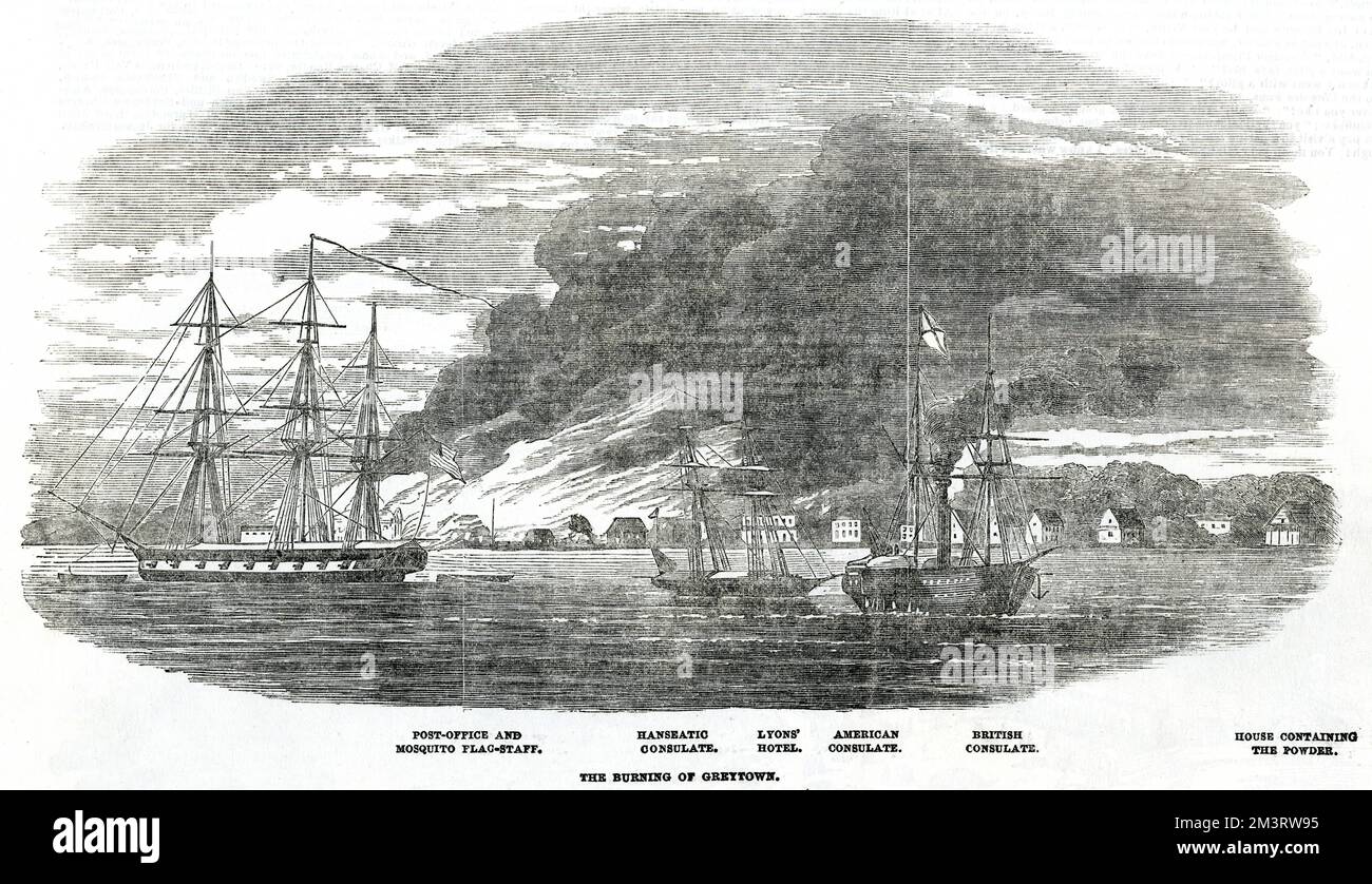 In risposta alla tassazione britannica delle navi che utilizzavano la rotta Nicaragua per la California, la USS Cyane bombardò Greytown con pochi danni, prima di atterrare a terra e mettere la città in fiamme. Greytown fu completamente distrutto, ma a causa del coinvolgimento nella guerra di Crimea, all'epoca, la Gran Bretagna aveva poche risorse per fare più che protestare formalmente, insieme all'indignazione internazionale per la distruzione della città. Gli Stati Uniti si sono rifiutati di scusarsi. 2nd agosto 1854 Foto Stock