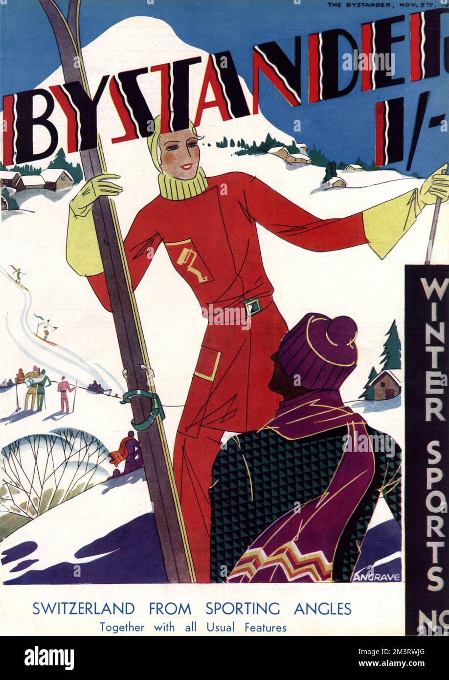 Copertina del numero Winter Sports della rivista Bystander con due eleganti sciatori in pista. Data: 1930 Foto Stock