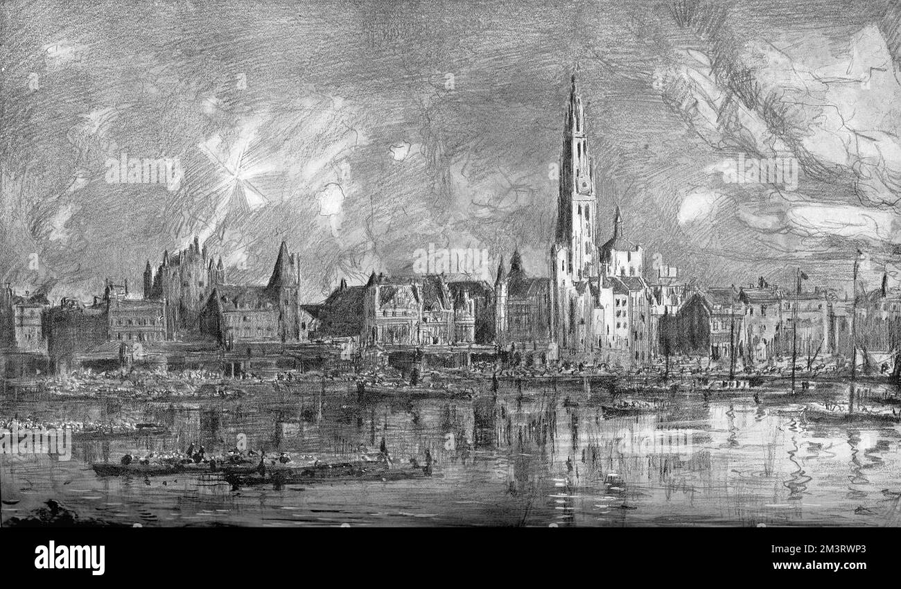 WW1 - l'Esodo da Anversa, Belgio, in barca Foto Stock