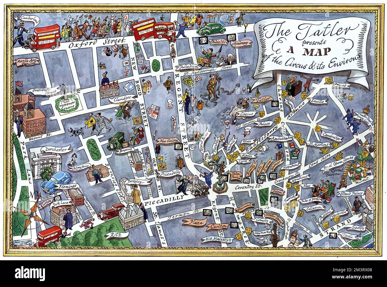 Una favolosa mappa illustrativa del West End di Londra, che si concentra sulla zona che si irradia dal Piccadilly Circus, puntando le strade principali, gli hotel, i locali notturni, i teatri e i punti di riferimento. Data: 1950 Foto Stock