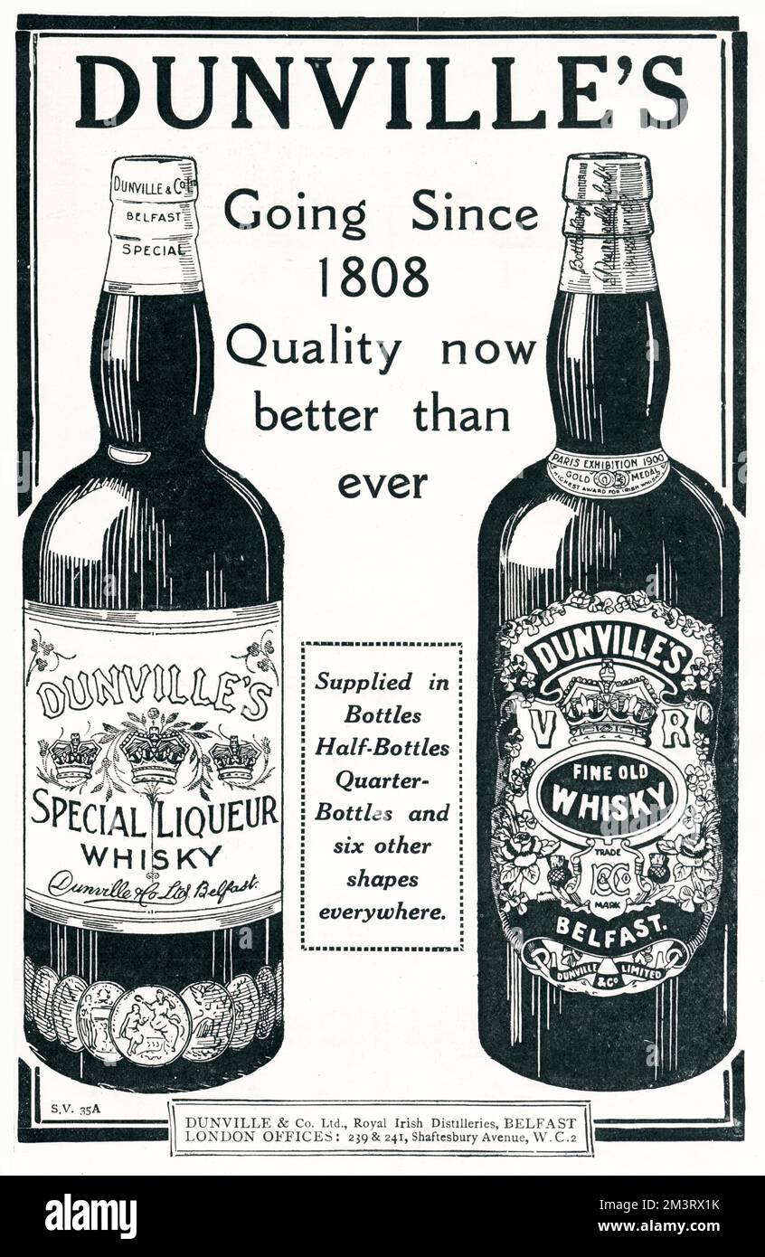 Pubblicità per Dunville's - il "Re incoronato dei whisky irlandesi". Dunville &amp; Co. Ltd - Royal Irish Distilleries, Belfast. 1924 Foto Stock
