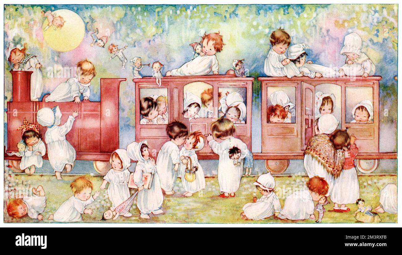 I bambini in camici bianchi salgono a bordo di un treno per la Terra del Nod, accompagnati da vari giocattoli come compagni di notte. Data: 1924 Foto Stock