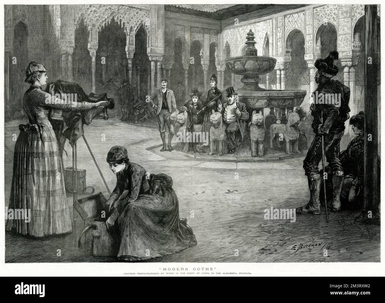 Fotografi amatoriali al lavoro presso la Corte dei Lions dell'Alhambra, Granada. La donna ha svolto un ruolo attivo nello sviluppo della fotografia come mezzo e nel 1890, la fotografia stava cominciando ad essere vista un'occupazione femminile adatta. Data: 1890 Foto Stock