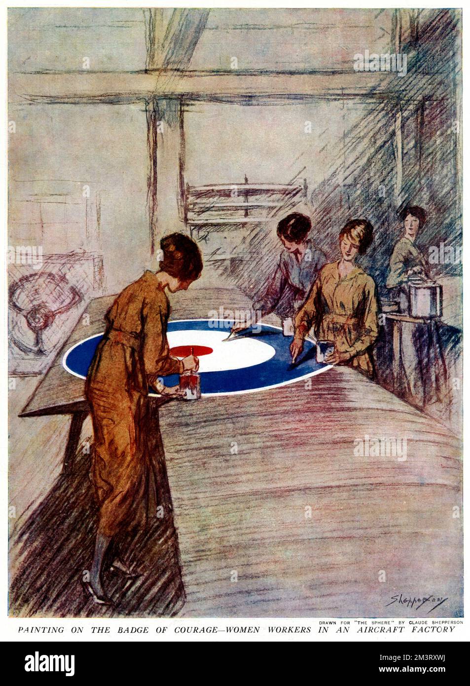 Donne dipingendo il simbolo RAF su un'ala piana in una fabbrica di aerei. La sfera contrasta il 'distintivo d'onore' con la svastika nemica, concentrandosi in particolare sulle differenze di colore. Data: 1918 Foto Stock