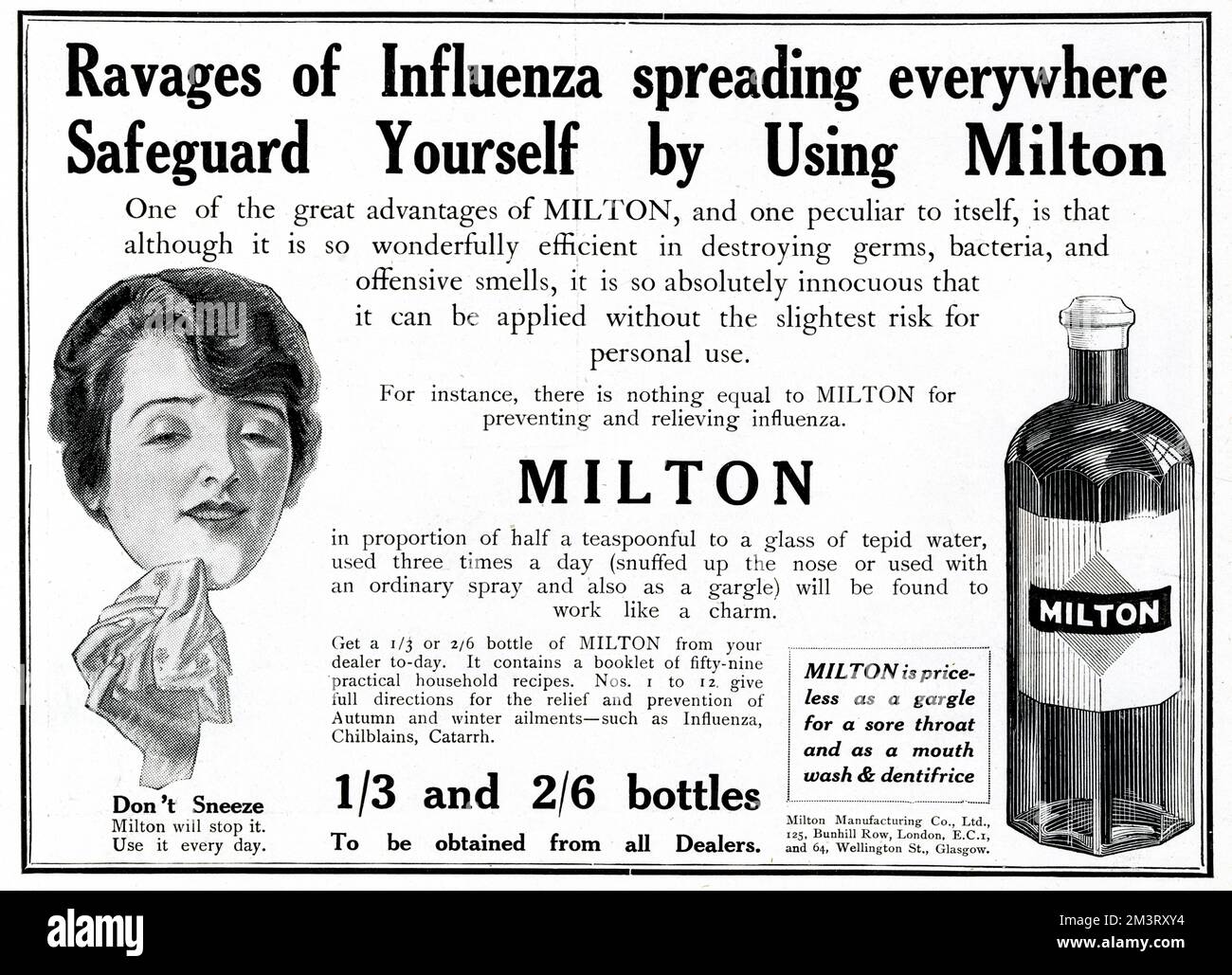 Pubblicità per Milton liquido sterilizzante, raccomandato per prevenire e alleviare l'influenza in un momento in cui l'influenza spagnola si stava diffondendo rapidamente in tutto il mondo. 1918 Foto Stock