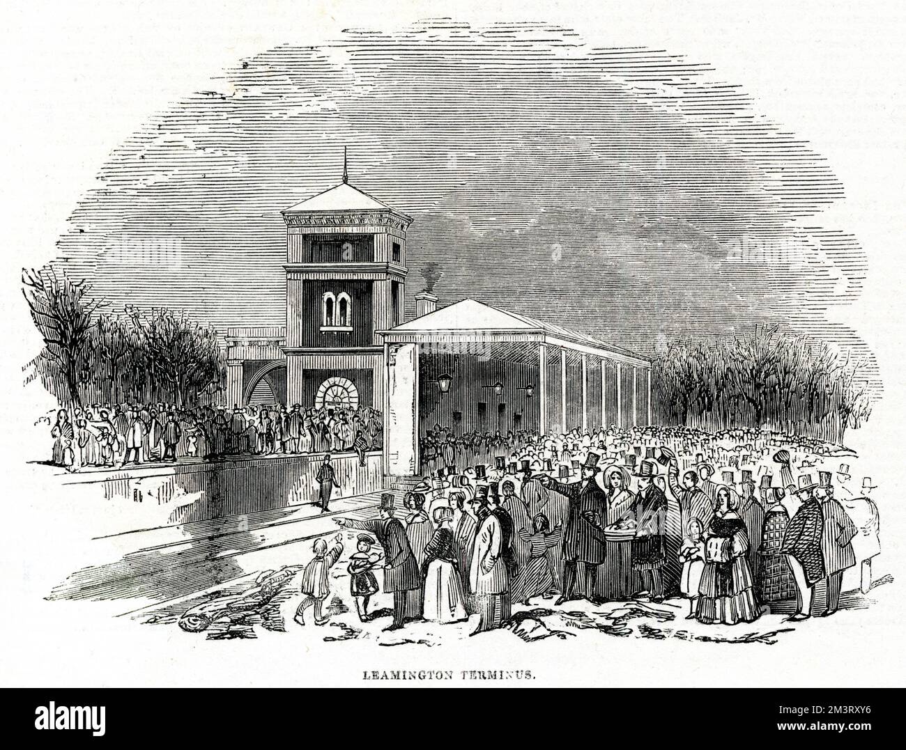 Stazione ferroviaria di Leamington (Spa), Warwickshire, con un gran numero di persone presenti, probabilmente intorno al momento dell'apertura della stazione. Data: 1844 Foto Stock