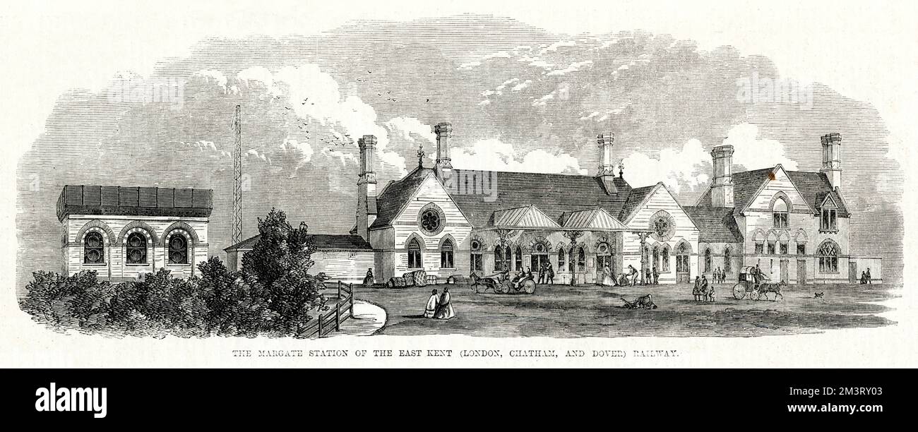 Stazione ferroviaria di Margate, Kent, sulla linea ferroviaria del Kent orientale (Londra, Chatham e dover). Data: 1864 Foto Stock