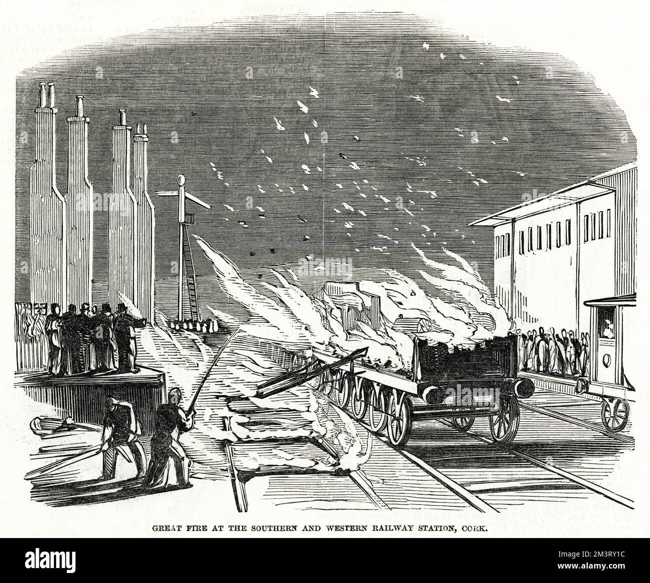 Il grande incendio scoppiò nel capolinea di Cork, presso la stazione ferroviaria meridionale e occidentale, cosa che accadde la mattina causando la distruzione della casa della stazione ferroviaria, dell'ufficio prenotazioni, delle sale d'attesa, della stanza dei facchini, dell'ufficio dei maestri e della stanza delle lampade prima che arrivasse un'assistenza efficace per calmare l'incendio. Data: Marzo 1850 Foto Stock