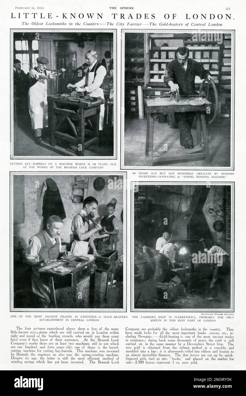 Commercio tradizionale londinese: (In alto a sinistra) Locksmiths taglio chiavi-barili su una macchina che ha 140 anni presso i lavori della Bramah Lock Company (in alto a destra) che gestisce una molla-bobinatore a Bramah (in basso a sinistra) Gold-beaters di Devonshire Street (in basso a destra) il negozio City Farrier a Clerkenwell, L'ultimo smithy in questa parte di Londra. Data: 1926 Foto Stock