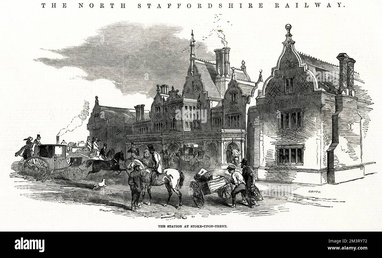 Stazione ferroviaria Stoke-on-Trent, Winton Square, Staffordshire, sulla linea ferroviaria North Staffordshire. Costruito in stile giacobino, è stato aperto nel 1848. Data: 1849 Foto Stock