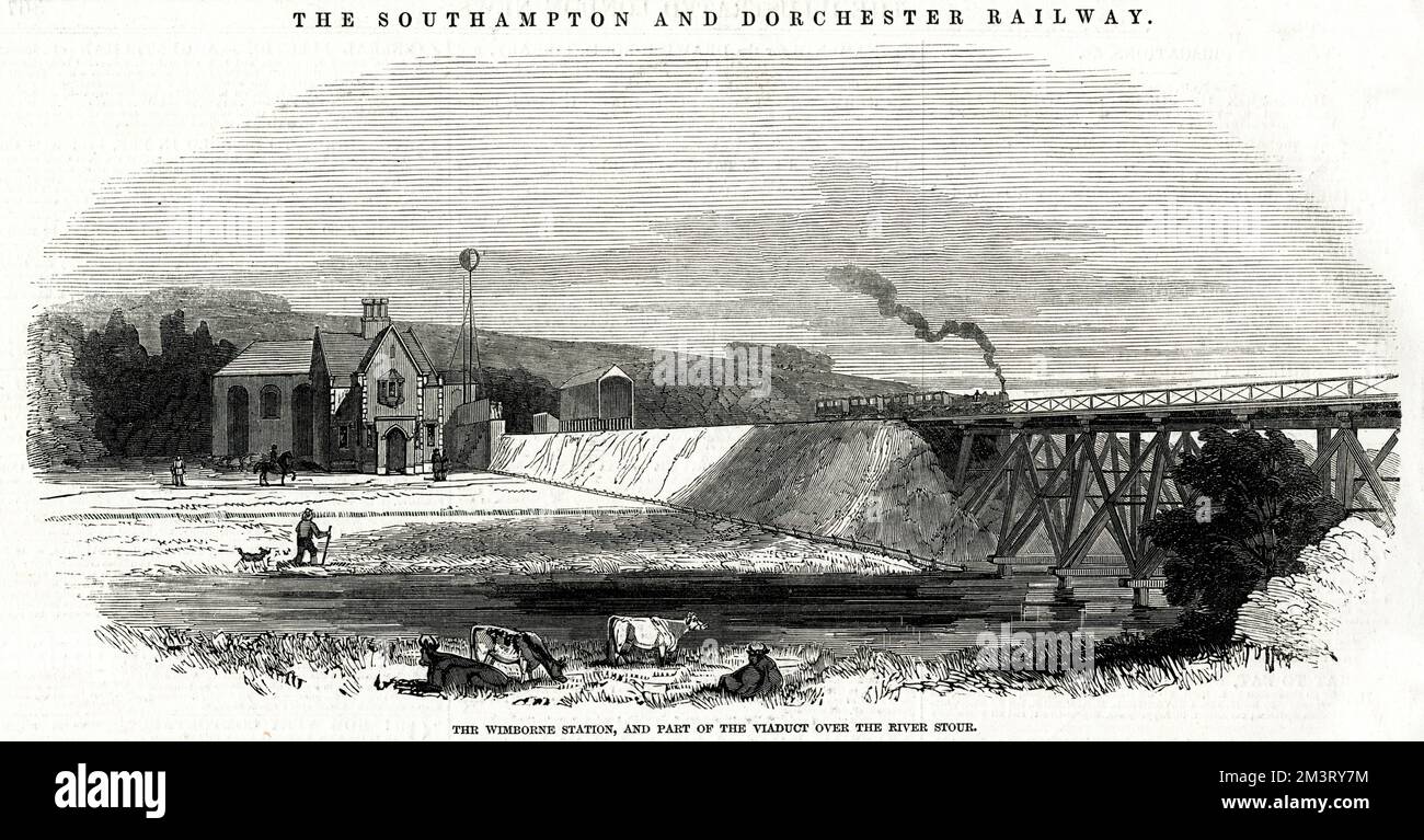 Stazione ferroviaria di Wimborne, Wimborne, Dorset, sulla linea ferroviaria di Southampton e Dorchester. Visto qui nell'anno in cui ha aperto, con il viadotto sul fiume Stour sulla destra. Data: 1847 Foto Stock