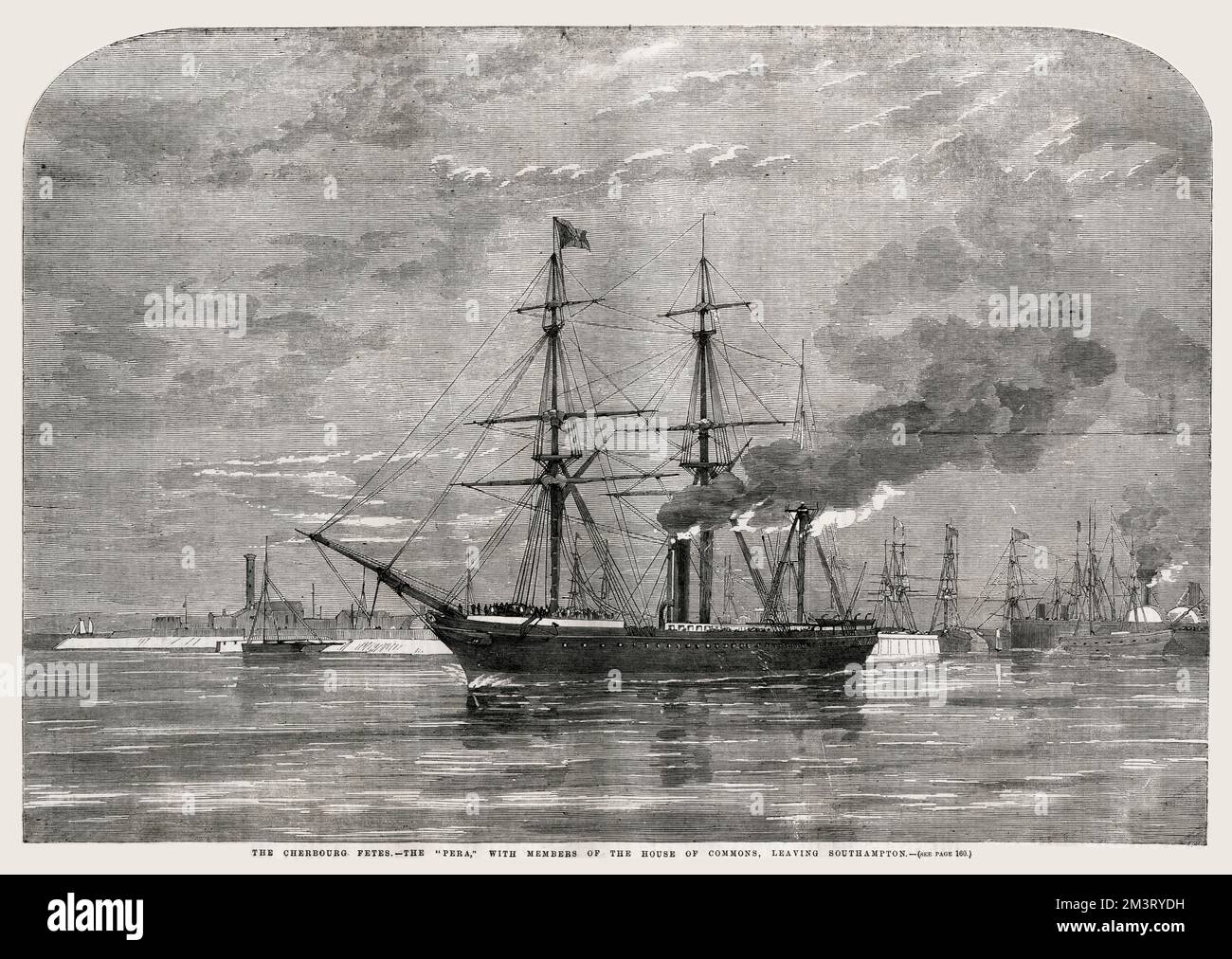 Il "Pera" con i membri della Camera dei Comuni a bordo, lasciando Southampton per partecipare al Cherbourg Fetes, una rassegna navale per celebrare un incontro della Regina Vittoria con l'Imperatore e l'Imperatrice di Francia nell'agosto 1858. Data: 1858 Foto Stock